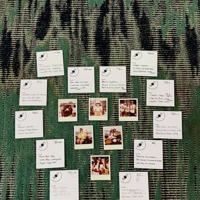Filled-in cards and polaroid photographs pinned across a green wall